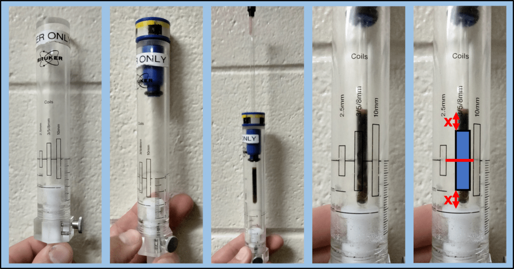 Composite image showing how to use a Bruker depth gauge to correctly position a sample tube in the spinner.