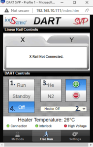 Screen capture of the web browser window that controls the DART ion source