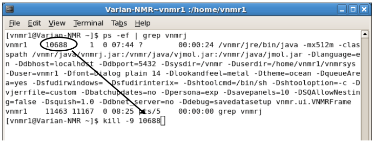 Linux terminal window showing how to find the ID of the VnmrJ process
